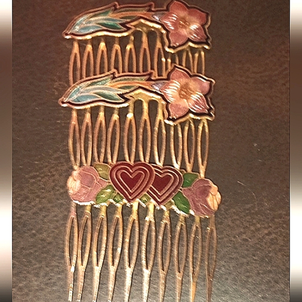 Vintage Brass Hair Styling Combs, Enameled
